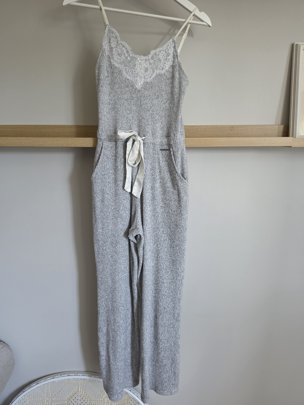La Vie En Rose Lounge Light Grey Knit Lace-Trim Jumpsuit